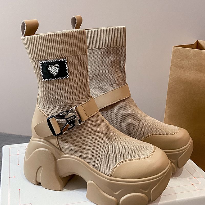Damskie buty na platformie na jesień i zimę, z wysoką podeszwą, oddychające, wsuwane, dzianinowe, elastyczne, na wysokim obcasie, dla kobiet 2024_voghion.com
