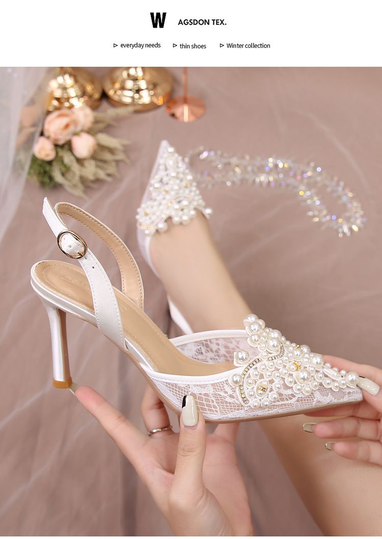 High Heels Damen Stiletto Heels Heels Sandalen Sommer Sandalen Weiß Hochzeit Spitze Damen Schuhe Mode High Heels Perle Stiletto_voghion.com