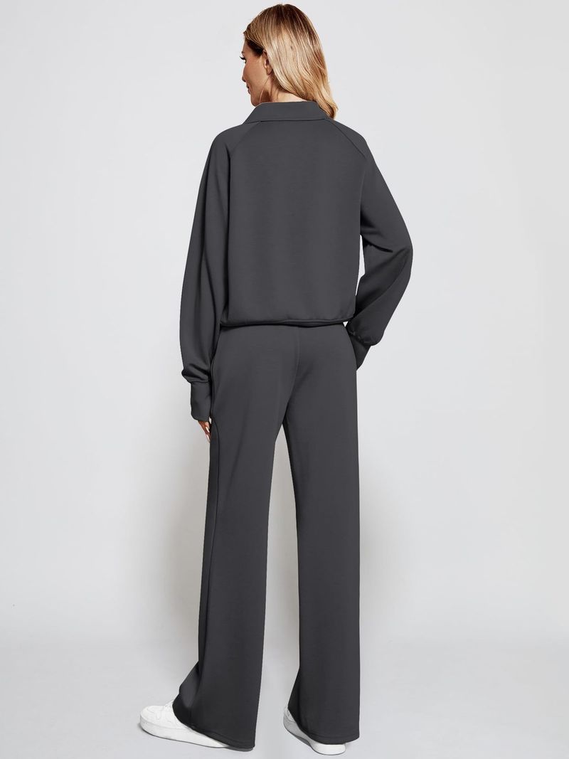 „Damen-Set aus Oversize-Sweatshirt mit halbem Reißverschluss und Jogginghose mit weitem Bein – dicke Winter-Loungewear, lässiges zweiteiliges Outfit“_voghion.com