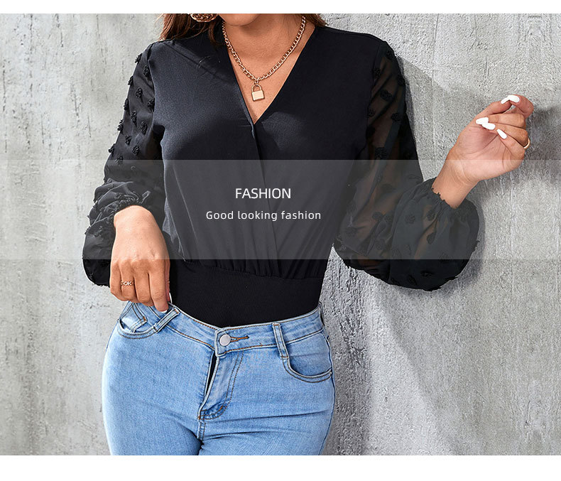 Black Mesh Splicing See-through Long Sleeves Jumpsuit_voghion.com