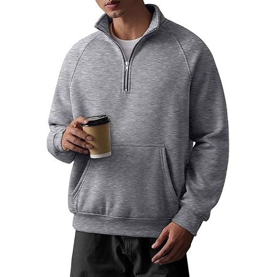 Herrenbekleidung Fleece-Kapuzenpullover mit Stehkragen und halbem Reißverschluss – Locker geschnittenes Langarm-Sweatshirt für den Winter (Weiß, Schwarz, Grau, Marineblau, Kamel)_voghion.com