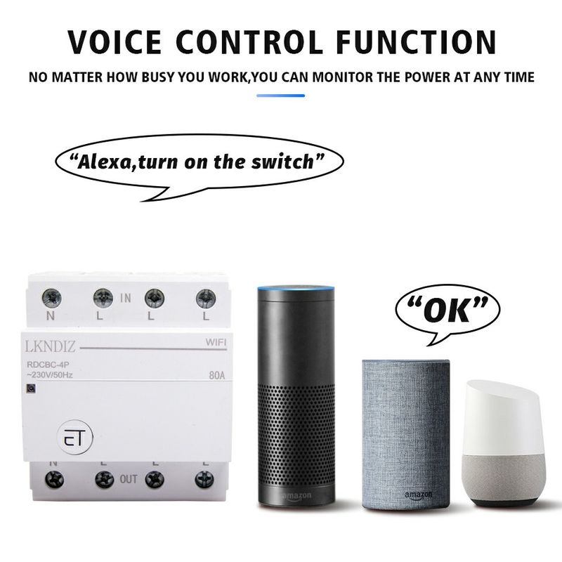 eWek SMART WiFi-Leistungsschalter-Fernbedienung per Sprachsteuerung mit Alexa und Google Home, 18 mm Din-Schiene, RDCBC1P 2P4P_voghion.com