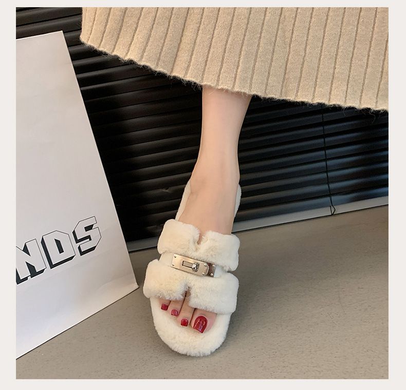 Chaussons poilus pour femmes, automne-hiver 2025, pantoufles d'extérieur en peluche à semelle plate en forme de H, pantoufles à semelle plate_voghion.com
