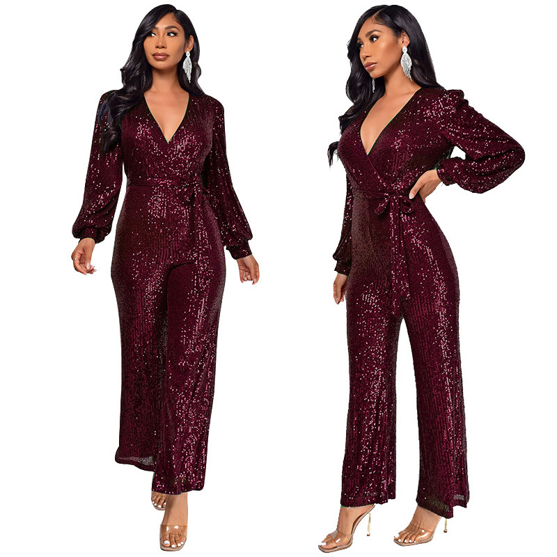 Damkläder Ins Style Deep V Mode Casual Jumpsuit Långärmat Bälte Paljett Jumpsuit Dam_voghion.com