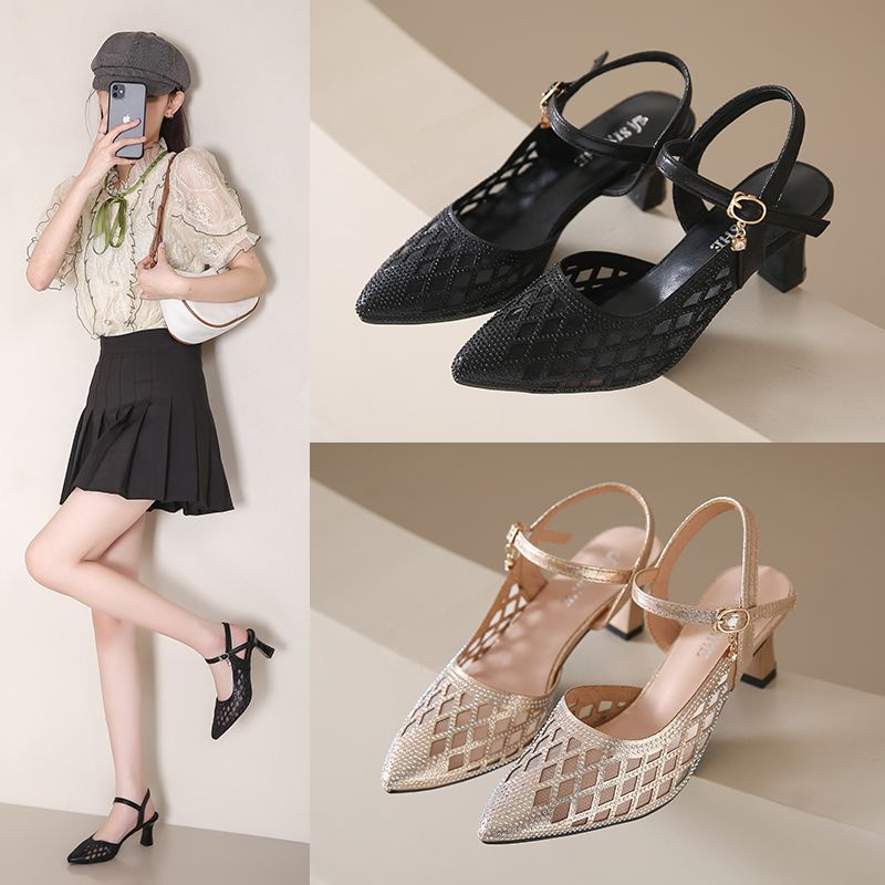 Chaussures à talons hauts et bout pointu pour femmes, boucle droite, Design creux, talon bloc français, 2024_voghion.com