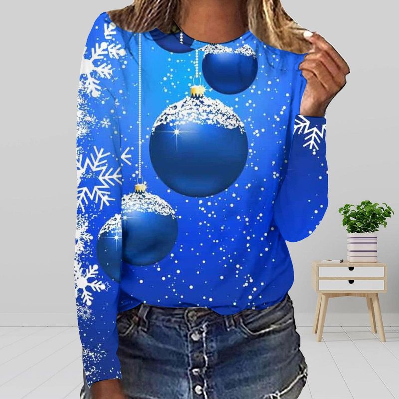 2022 Spring New Women's Digital T-Shirt Loose Pullover Round Neck Christmas Print Long Sleeve Top_voghion.com