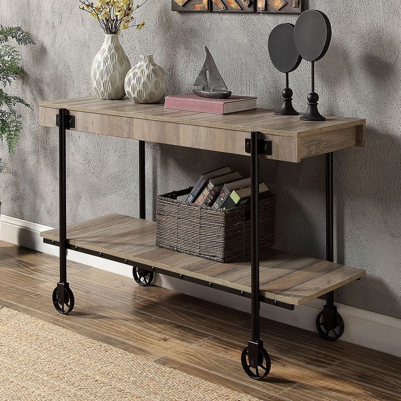Industrial Style 1pc Sofa Table Natural Tone Slat Design Console Table Open Bottom Shelf Living Room Furniture_voghion.com