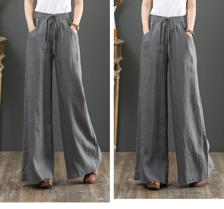 2023 Spring Summer Korean Cotton Loose Plus Size Wide Leg High Waist Floor-Length Straight Linen Women's Pants_voghion.com