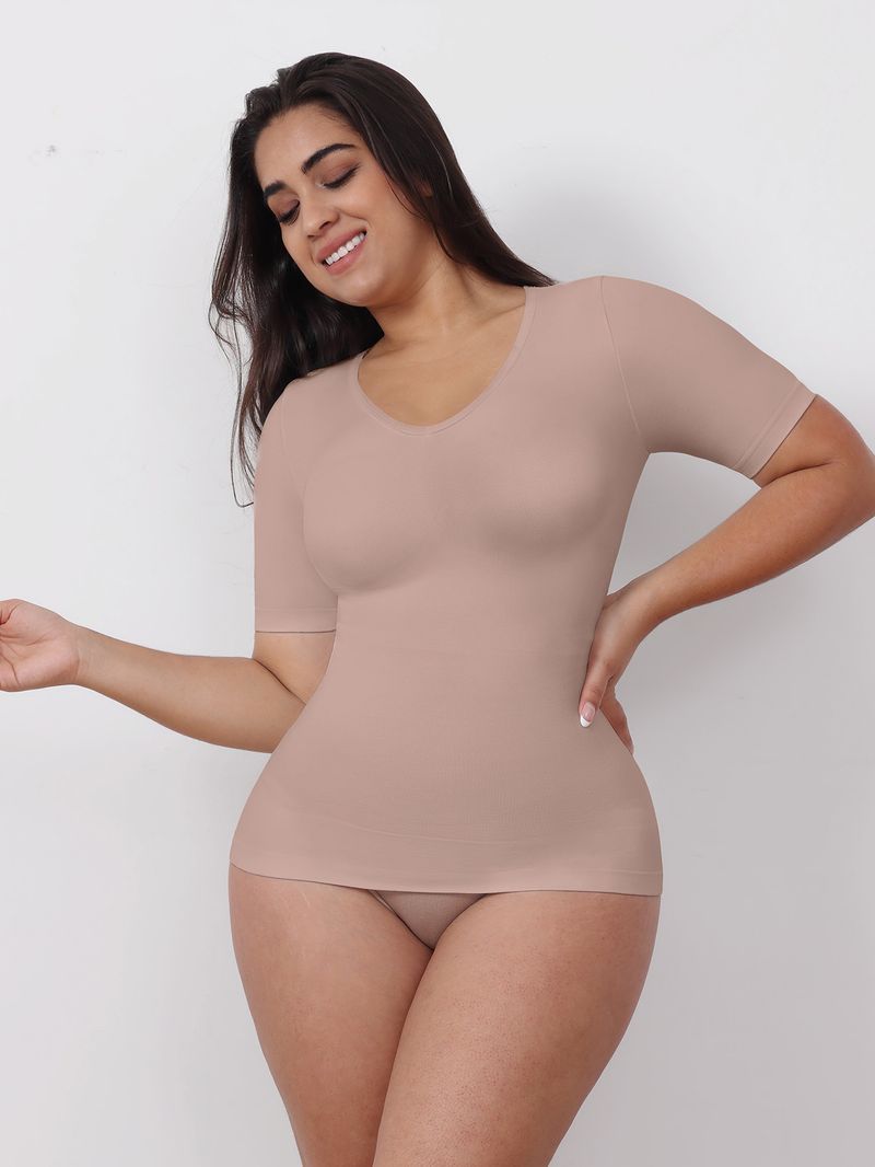 Women's Plus Size Shapewear T-Shirt V-Neck Slimming Tummy Control Seamless Top For Everyday Wear_voghion.com
