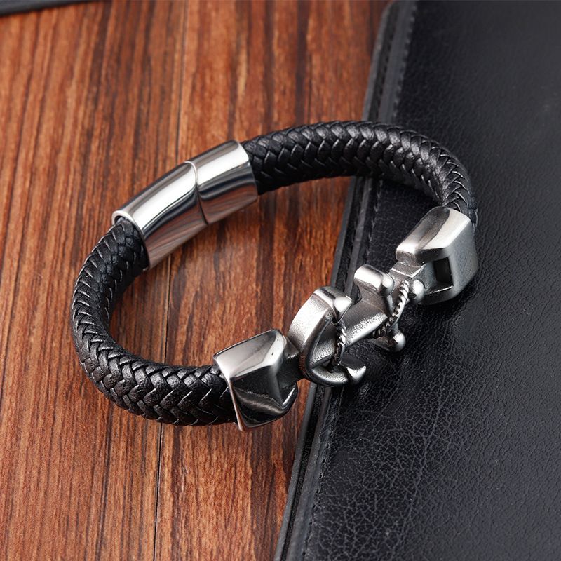 Mode Gewebt Punk Stil Anker Zubehör Multi-schicht Leder Stahl Armband Schmuck L20275_voghion.com