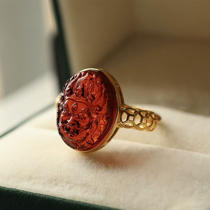 Anel de Prata Zakki S Natural Aberto em Âmbar Sangue Transmissão ao Vivo_voghion.com