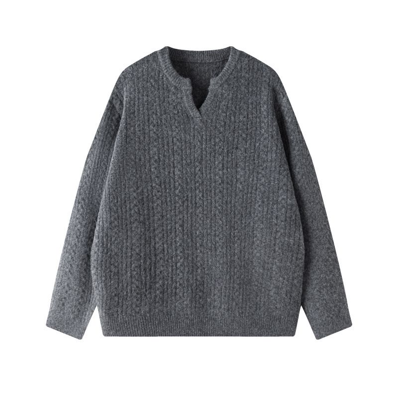 Men's Twisted Knit V-Neck Sweater Style Casual Pullover With Loose Fit, Solid Color For Autumn & Winter_voghion.com