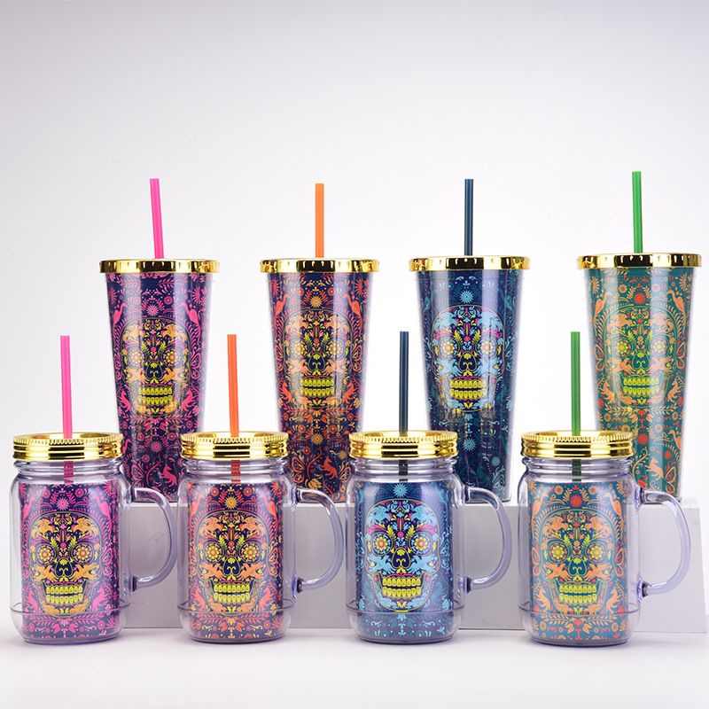 Double layer Plastic Cup Color Skull Halloween Party Water Cup Portable Creative Straw Cup_voghion.com