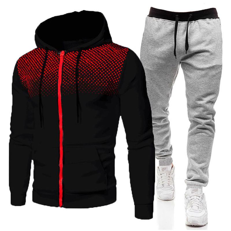Autumn Winter Fleece Polka Unisex Sports Hoodie Dot Men Solid Color Zipper Sweatshirt Sweatpants Set_voghion.com