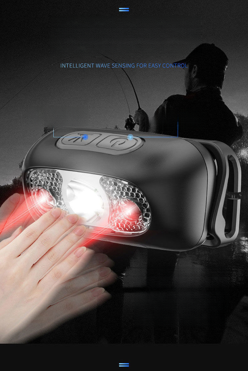 Lampada frontale ad alta luminosità, batteria a lunga durata, speciale per la pesca, sensore ultraleggero, LED, ricaricabile, portatile, da montare sulla testa._voghion.com