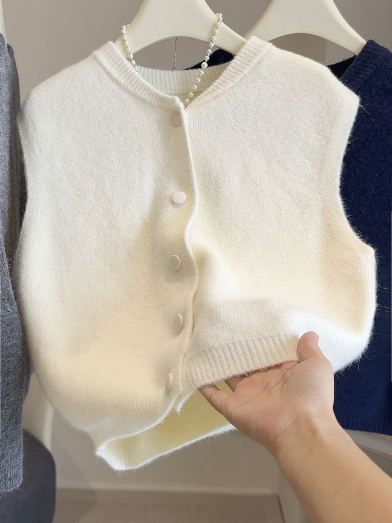 Single-Breasted Knitted Vest For Women, Autumn And Winter New Loose Slimming Soft Sweater, Layered Outerwear, Sleeveless_voghion.com