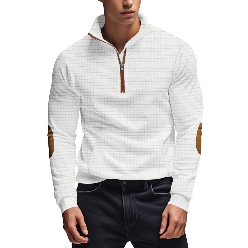American Style Autumn Winter Men's Casual Sweatshirt Jacquard Small Square Embroidery Patchwork Stand Collar Loose Top_voghion.com