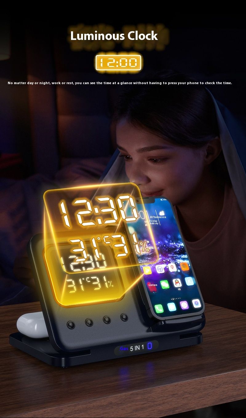15W Drahtlose Ladegeräte Stehen 5 In1 LED Digital Wecker Schnelle Lade Dock Station_voghion.com
