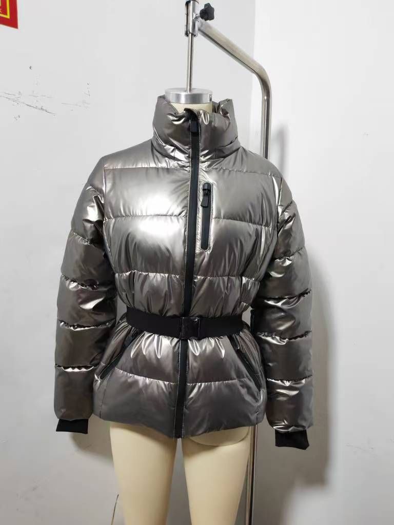 Women's Clothing Women's Stylish Ski-Inspired Hooded Down Jacket With Waist Cinching - Winter Warm Padded Coat In Black/Checkered/Silver/Blue Floral_voghion.com