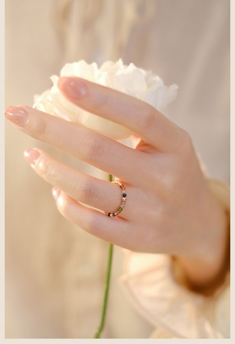 Inel ultrafin cu turmalină curcubeu de 2 mm, mărgele rotunde mici de turmalină, culoare aur 14k, inel de toamnă și iarnă_voghion.com