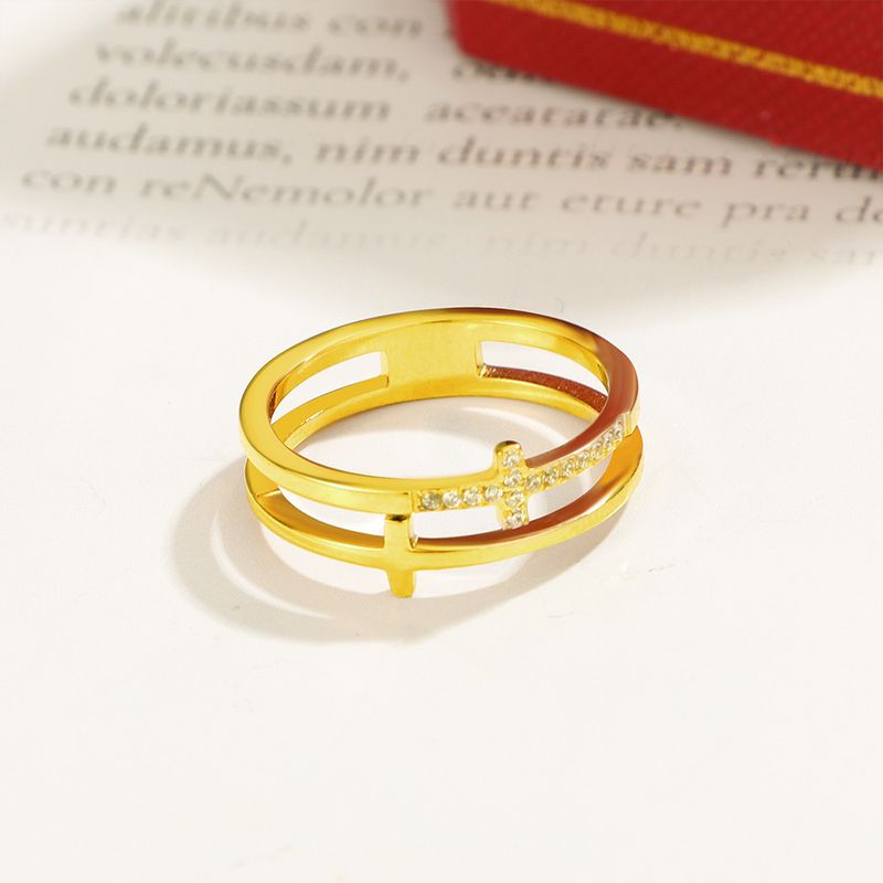 Ins double layer cross diamond ring titanium steel cold style light luxury temperament exquisite hand jewelry men and women fashion jewelry_voghion.com
