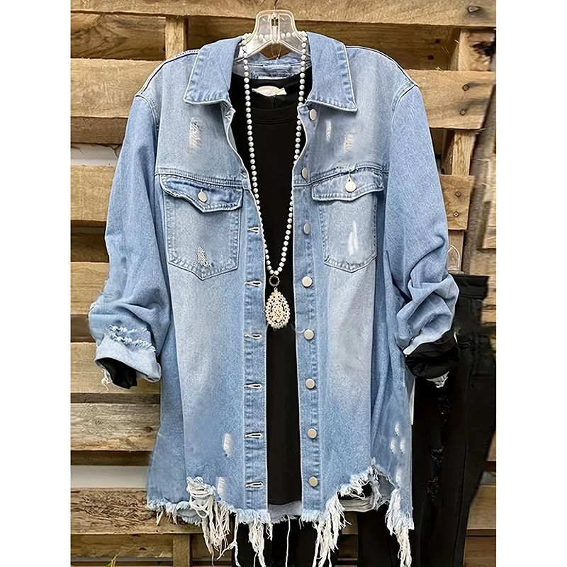 Women's Denim Jacket Plus Size Casual Ripped Loose Top_voghion.com