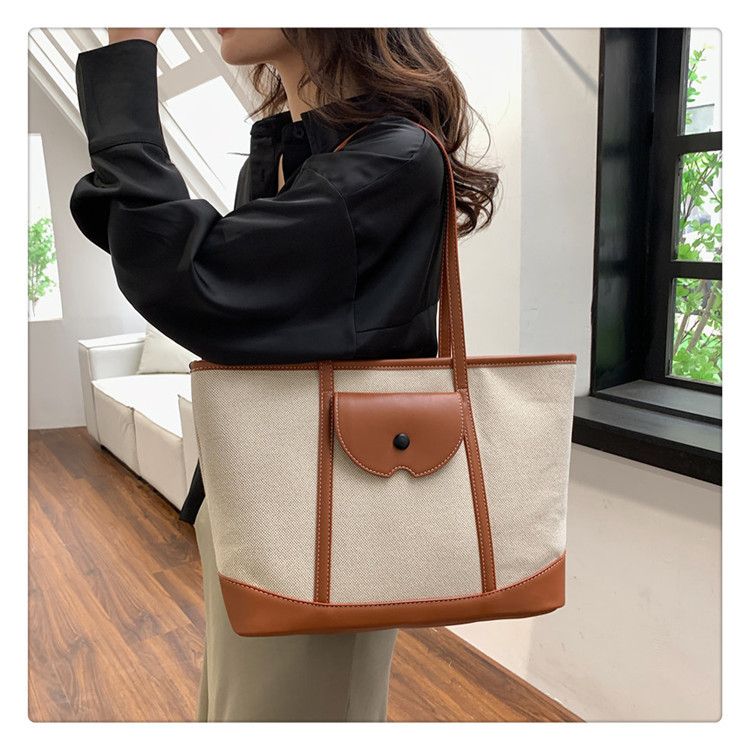 Lässige Canvas-Tragetasche für Damen mit großem Fassungsvermögen und kontrastfarbenem Design für den täglichen Arbeitsweg und Reisen. Schultertasche der Spitzenklasse für den Arbeitsweg_voghion.com
