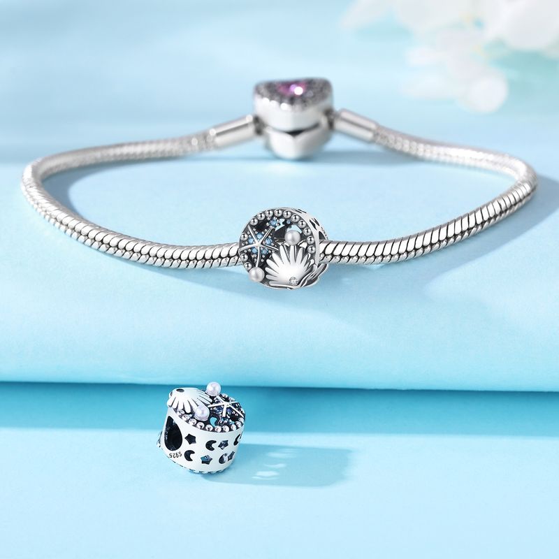 Ocean Shell Starfish Pearl Bead Charm, Genuine Sterling Silver Beads Charm_voghion.com