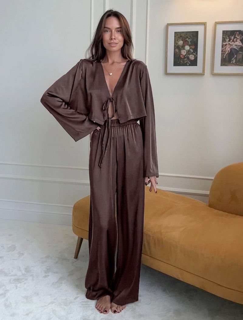 2025 Summer Pajamas Satin Tie Sleeve Long Pants Cool Homewear For Women Comfortable Pamas_voghion.com