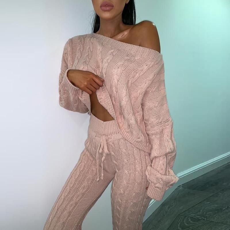 Women's fashion set crew-neck wool-knitted trousers long-sleeved set sweater_voghion.com