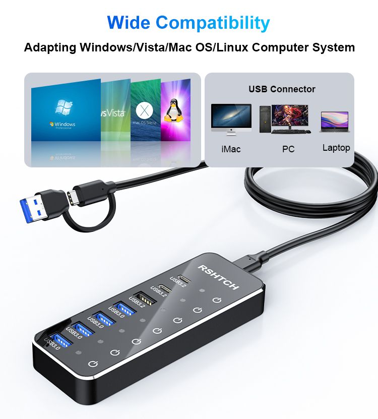 RSHTECH 7-Port Powered C Hub With 10Gbps USB-C 3.2 Ports Individual Touch Switches 5V/3A Pow Adapt Laptop USB_voghion.com
