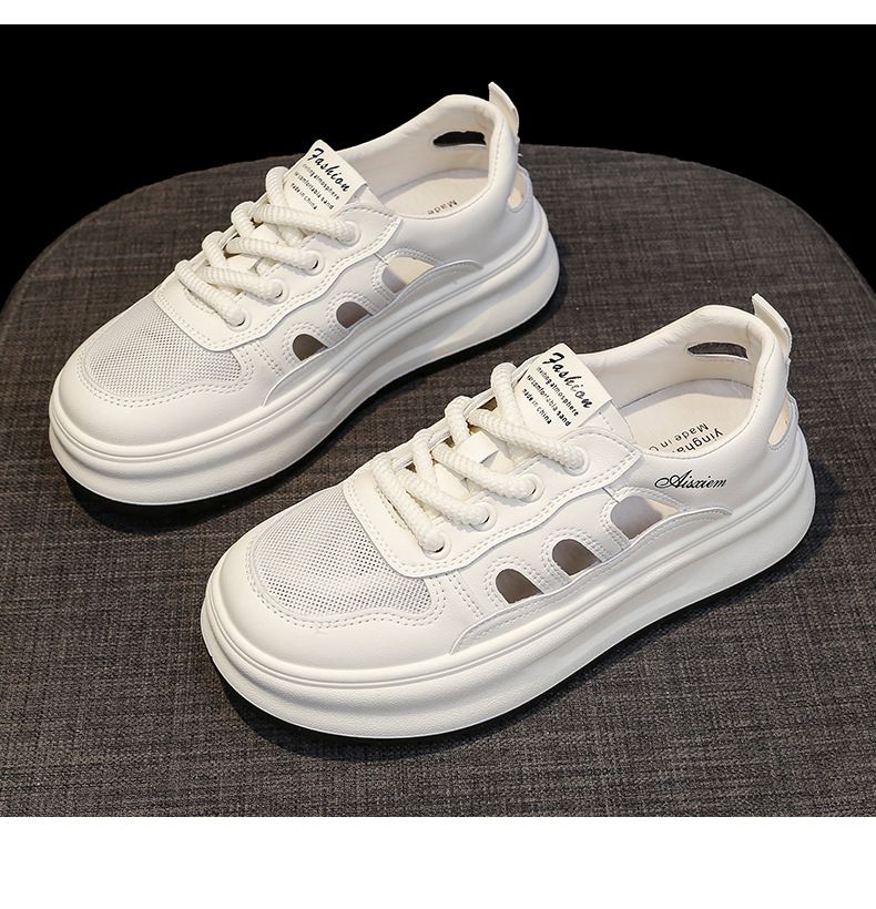 Sport-Sandalen mit dicker Sohle und geschlossener Spitze für Damen, hohle, atmungsaktive Lochschuhe, neue All-Match-Schuhe aus echtem Leder im Sommer 2024 in Weiß_voghion.com