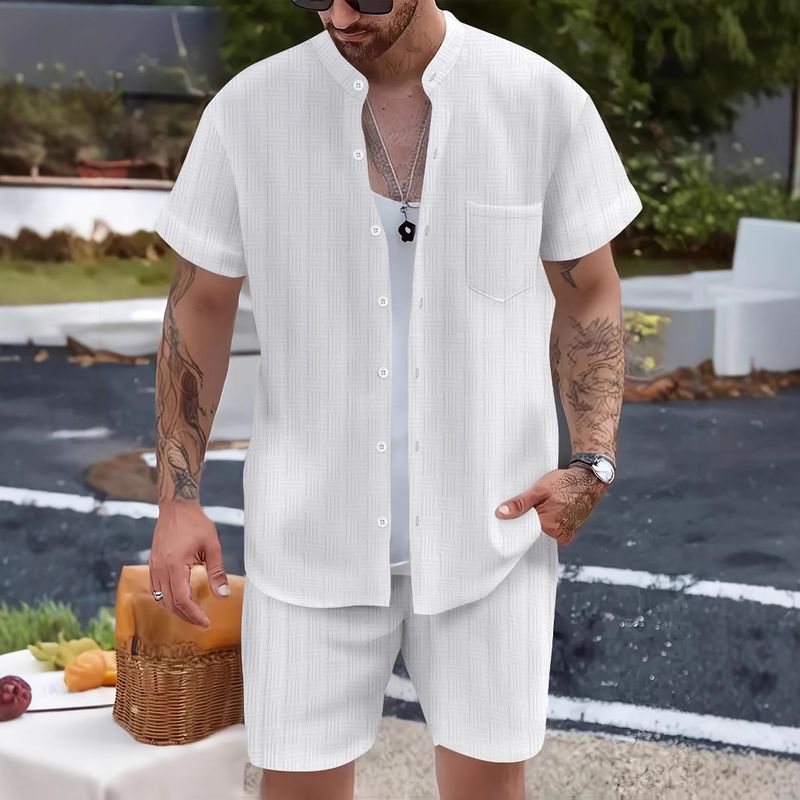 2025 Sommer Herrenbekleidung Hemd Lässig Lose Kurzarm Shorts Strand Set_voghion.com