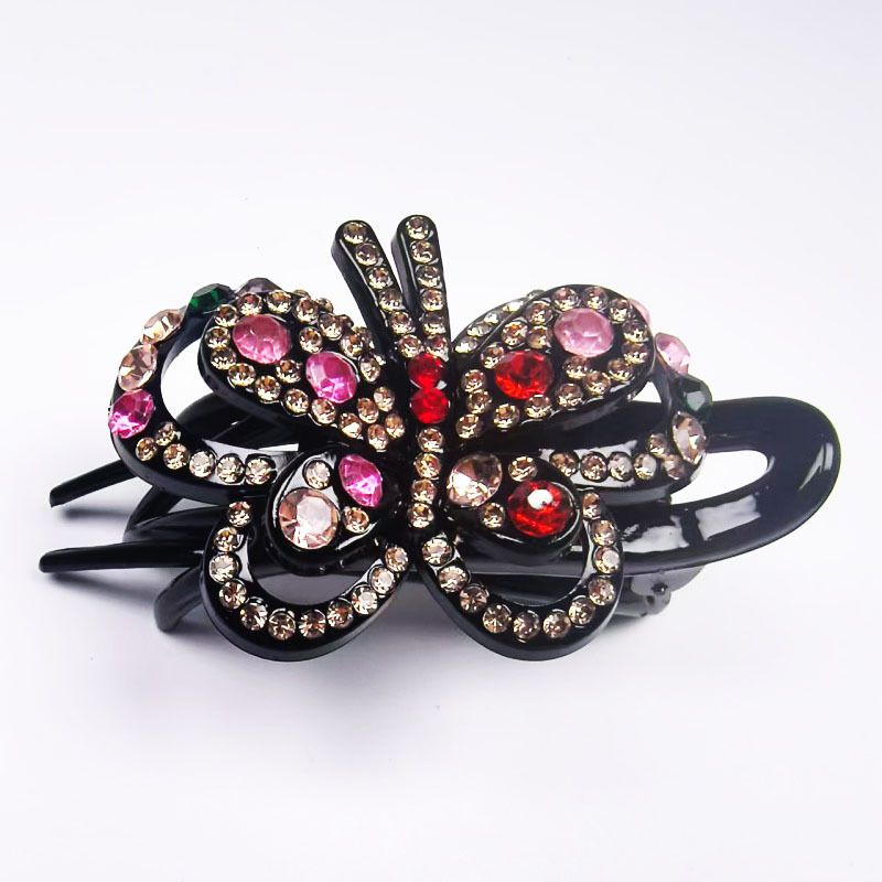 Fermaglio a becco d'anatra con strass per acconciatura raccolta, elegante fermaglio per capelli in stile coreano con design a farfalla con strass, fermaglio a tre denti, forcina per capelli._voghion.com