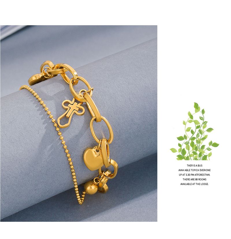 14K Gold-plated Double-layer Cross Stainless Steel Bracelet Retro Style Fashion Ball Love Bracelet Female Titanium Steel_voghion.com