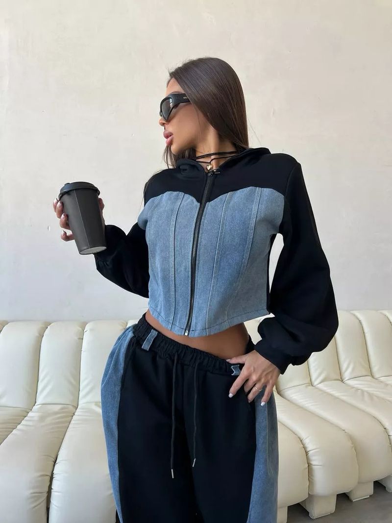 Women's Casual Color Block Hooded Sweater & Wide Leg Pants Set - Long Sleeve Streetwear Outfit For Fall_voghion.com