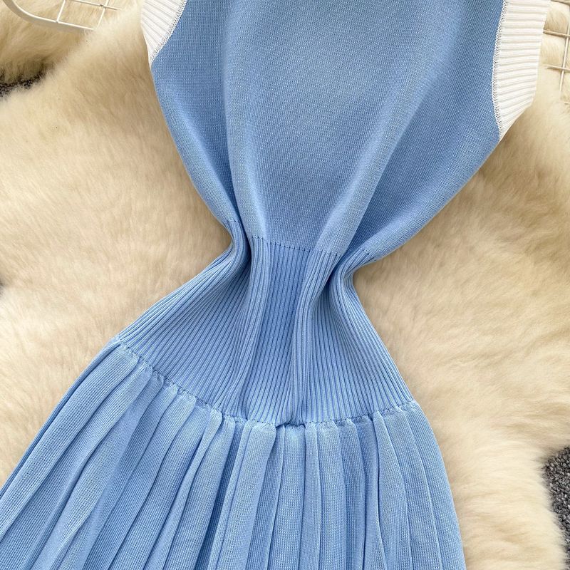 Abito in maglia di alta gamma per donna, estivo, retrò, con vita snella, cuciture a contrasto, gonna a pieghe_voghion.com