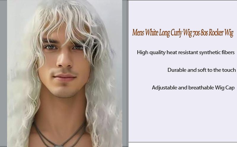 Synthetisches Haar Neue Perücken 80er Jahre Weißes langes lockiges Haar Vokuhila-Kopf Herren Heavy Metal Rock Synthetische Faser Kopfbedeckung_voghion.com