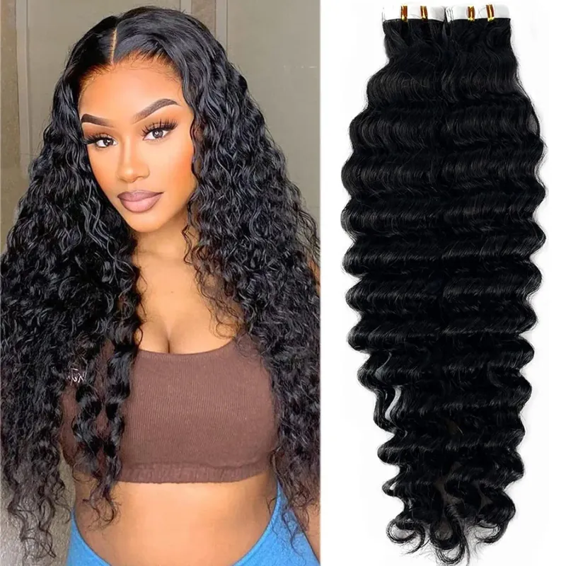 Tape In Human Hair Extensions Deep Wave 20 Stk Sæt Klæbende Sømløs brasiliansk hår Hud Weft Tape Ins Krøllet hår Naturlig Sort_voghion.com