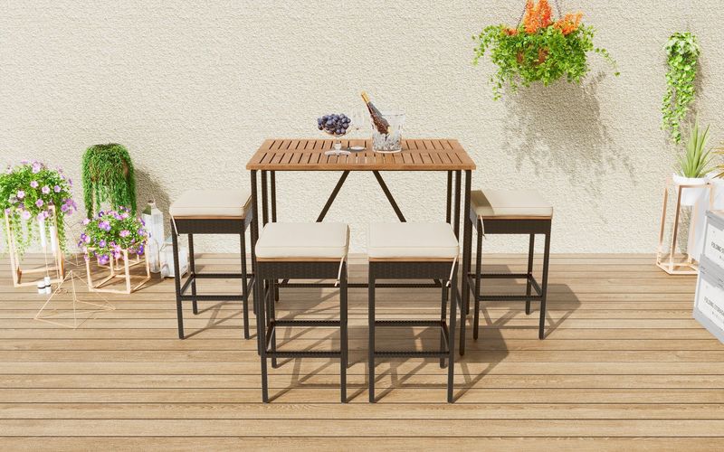 5-Piece Outdoor Acacia Wood Bar Height Table And Four Stools With Cushions, Garden PE Rattan Wicker Dining Table, Foldable Tabletop, High-Dining Bistro Set, All-Weather Patio Furniture, Brown_voghion.com