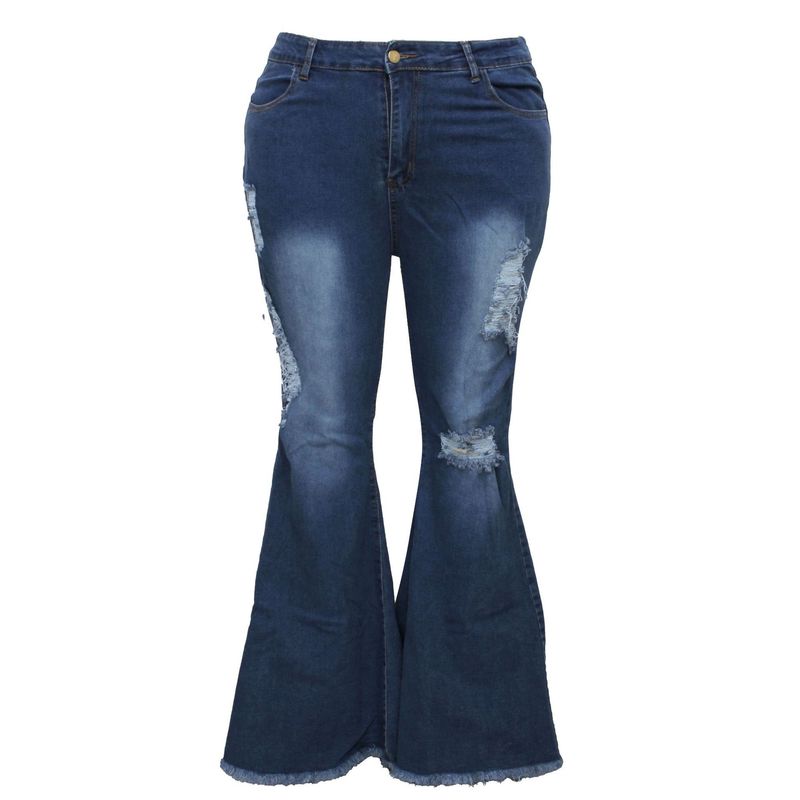 Women's clothing sexy fashion knee hole stretch slim denim flared pants_voghion.com