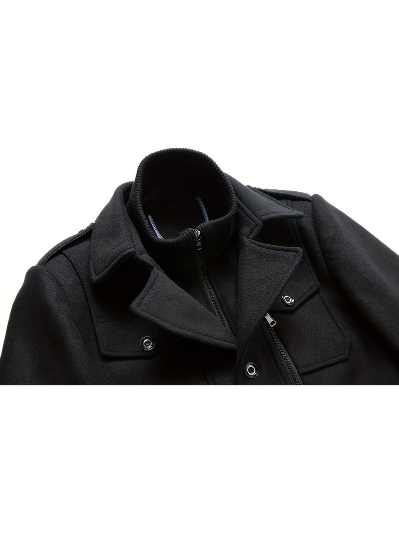 Herren-Trenchcoat aus Fleece-Mischgewebe mit abnehmbarem Stehkragen, einreihiger Mantel mit Reißverschlusstaschen – lässiger Herbst-/Wintermantel_voghion.com