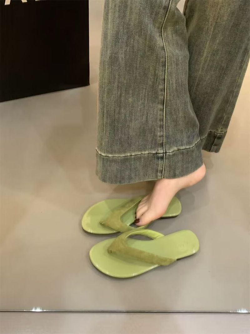 Pantofole alla moda a spina di pesce con fondo piatto, tinta unita, per l'estate, sandali con stampa leopardata, clip da spiaggia_voghion.com