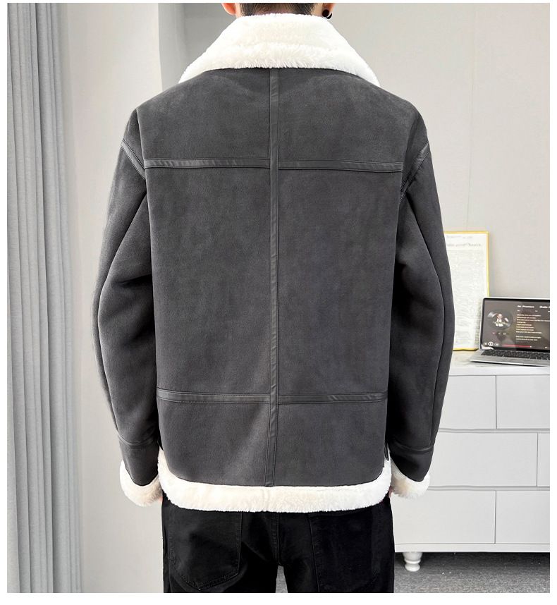 Men's Faux Shearling Lamb Fur Jacket Winter Loose Fit Stand Collar Motorcycle Coat Fleece Lined Thick Warm_voghion.com