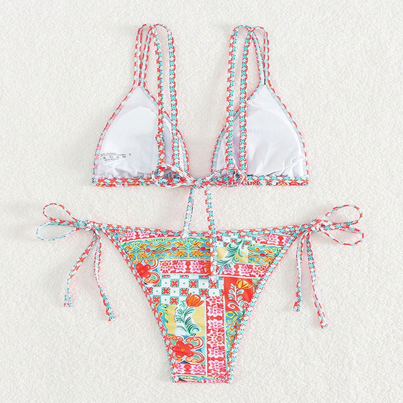 Traje de baño de bikini sexy con tirantes estampados nuevo traje de baño dividido con cordones de gama alta para mujer_voghion.com