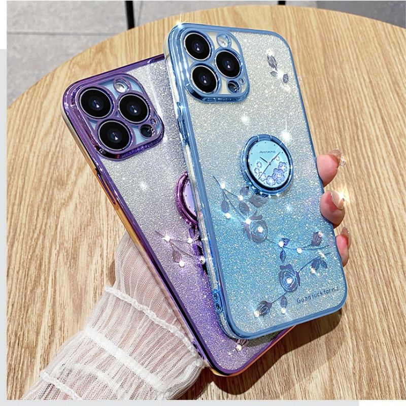 For iPhone 14 Pro Max Case Luxury Glitter Plated Grip Tok Ring Holder Floral Cover for iPhone 11 12 13 mini 7 8 Plus XS Max XR X_voghion.com