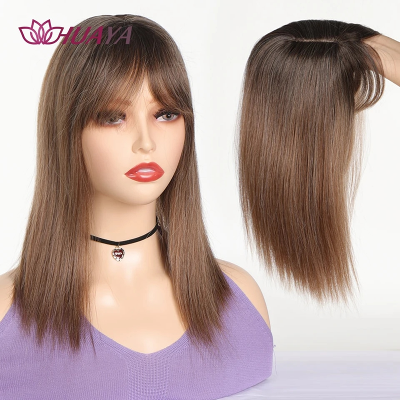 Synthetische lange gerade Topper-Perücke in Extensions, natürliches, flauschiges Kunsthaarteil mit Pony-Clip, Schwarzbraun_voghion.com