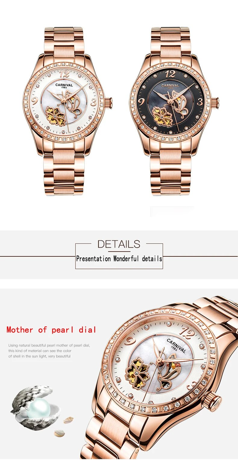 Carnival Brand Fashion Mechanical Watch For Women Luxury Stainless Steel Rose Gold Bracelet Skeleton Womens Watches Reloj Mujer_voghion.com
