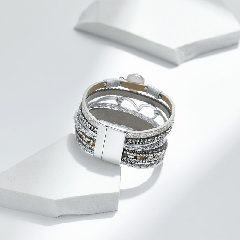 Set di bracciali a strati bohémien - Bracciale rigido regolabile a cuore aperto e catena con perline_voghion.com