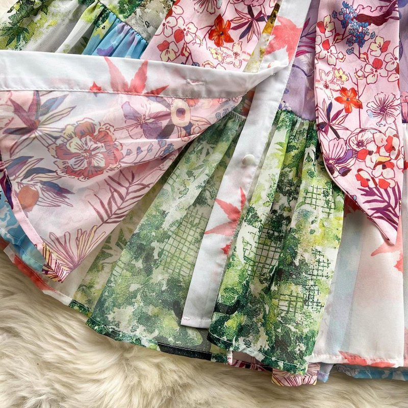 Women's Ins Lazy Holiday Style Loose Chiffon Printed Ruffled Pleated Dress With Large Hem_voghion.com